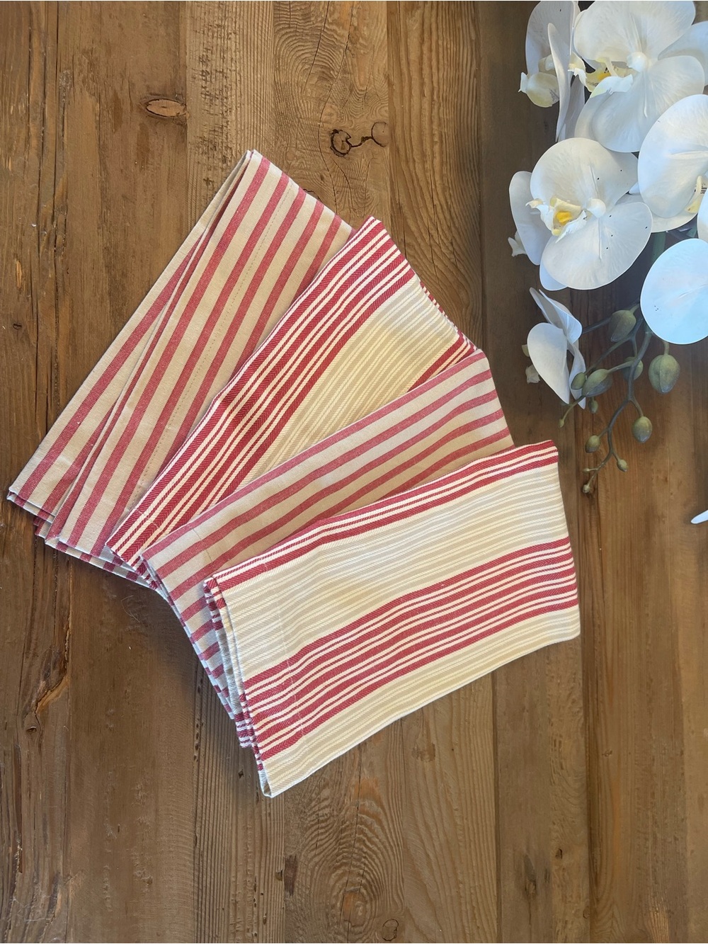 Pottery Barn Red Stripe Cotton Linen Napkins Set of 4 Coastal Boho Farmhouse